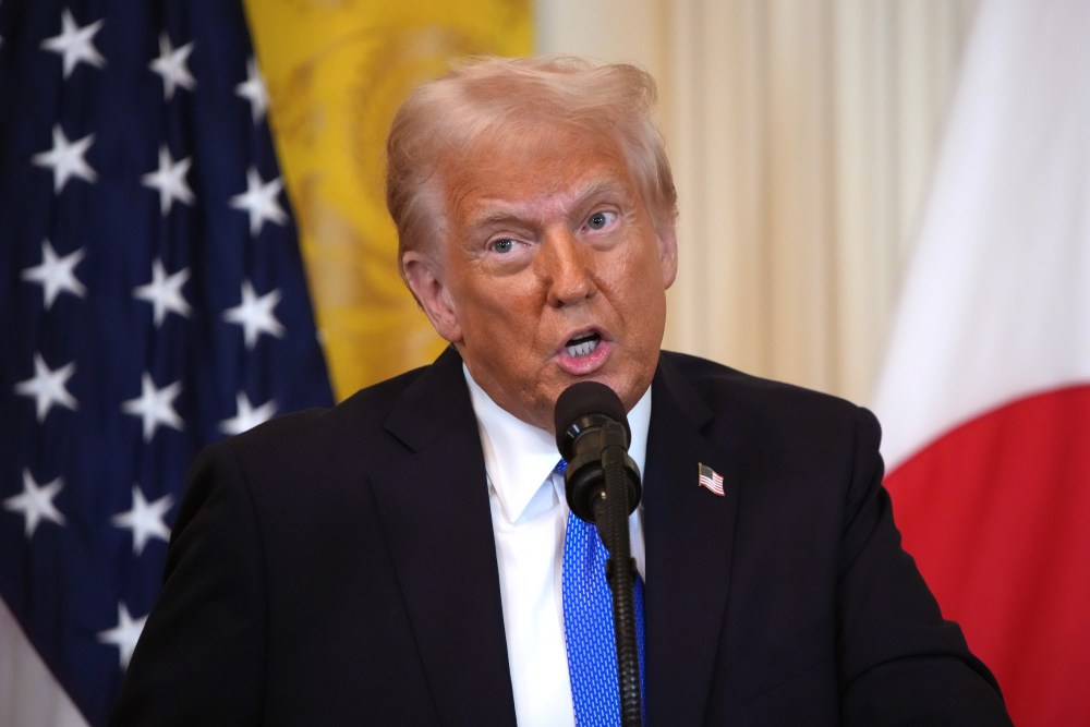 WASHINGTON, DC - FEBRUARY 07: U.S. President Donald Trump speaks during a joint press conference with Japanese Prime Minister Shigeru Ishiba in the East Room at the White House on February 07, 2025 in Washington, DC. Shigeru, who took office in October, is the first Asian leader to visit Trump since he returned to the White House last month.  (Photo by Andrew Harnik/Getty Images)