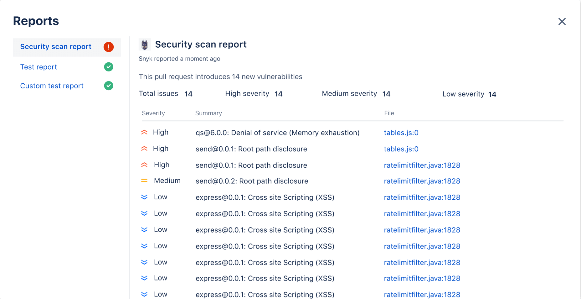 Capture d'écran d'un rapport de code