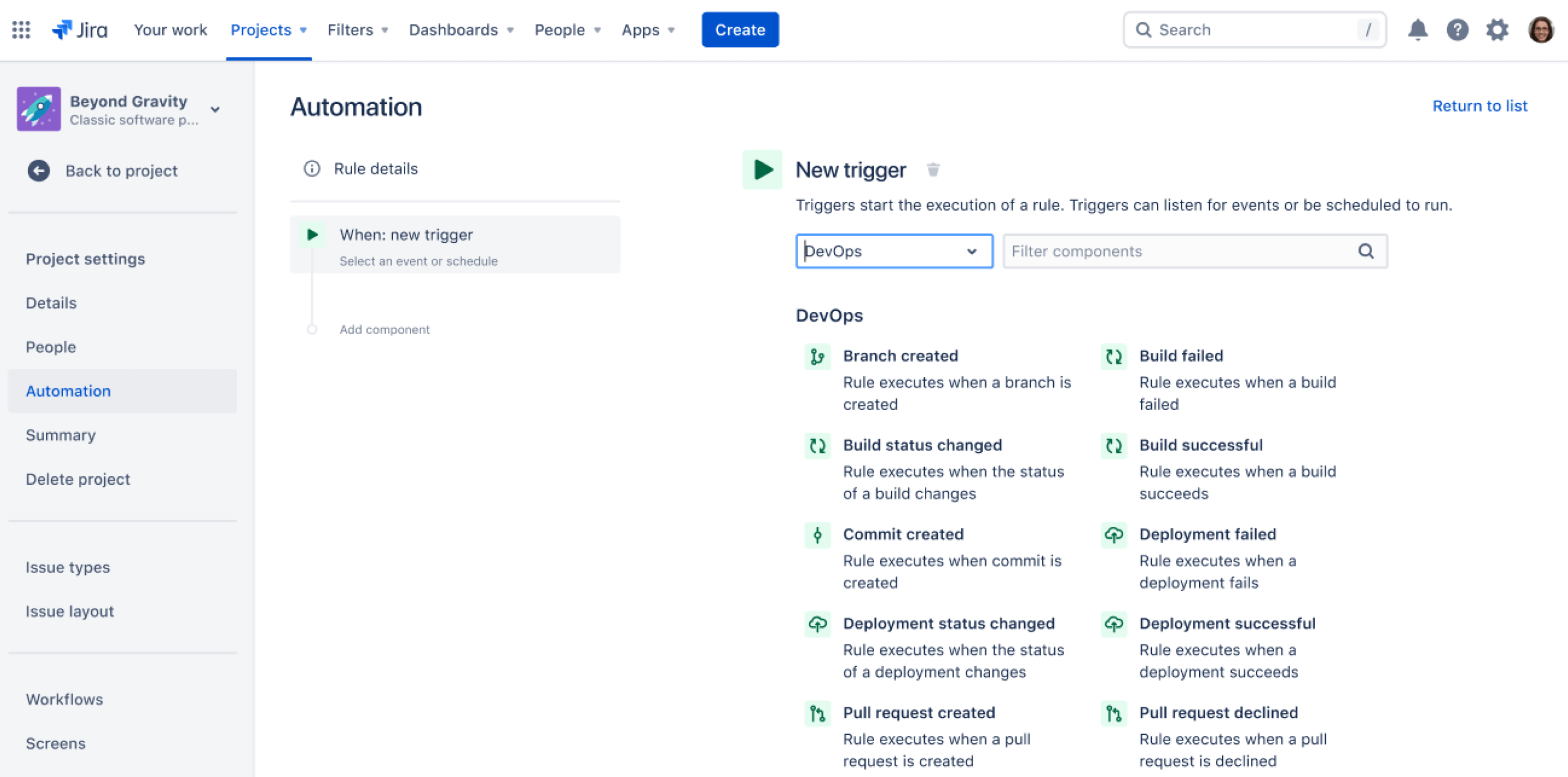 Capture d'écran de Jira Automation