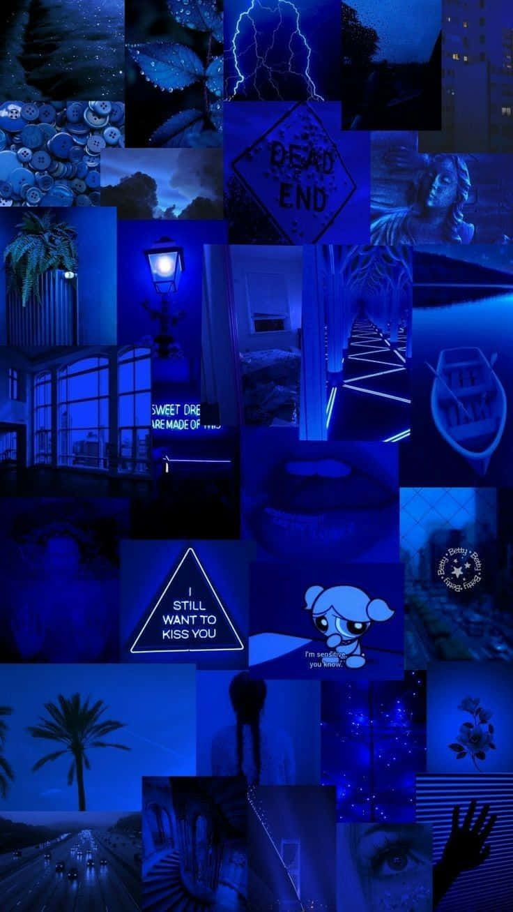 Un collage de diverses images avec une esthétique néon bleue, mettant en scène des paysages urbains, la nature, des citations et des personnages de dessins animés, tous unifiés par une palette de bleu profond. — Esthétique Bleue Néon Fonds d'écran