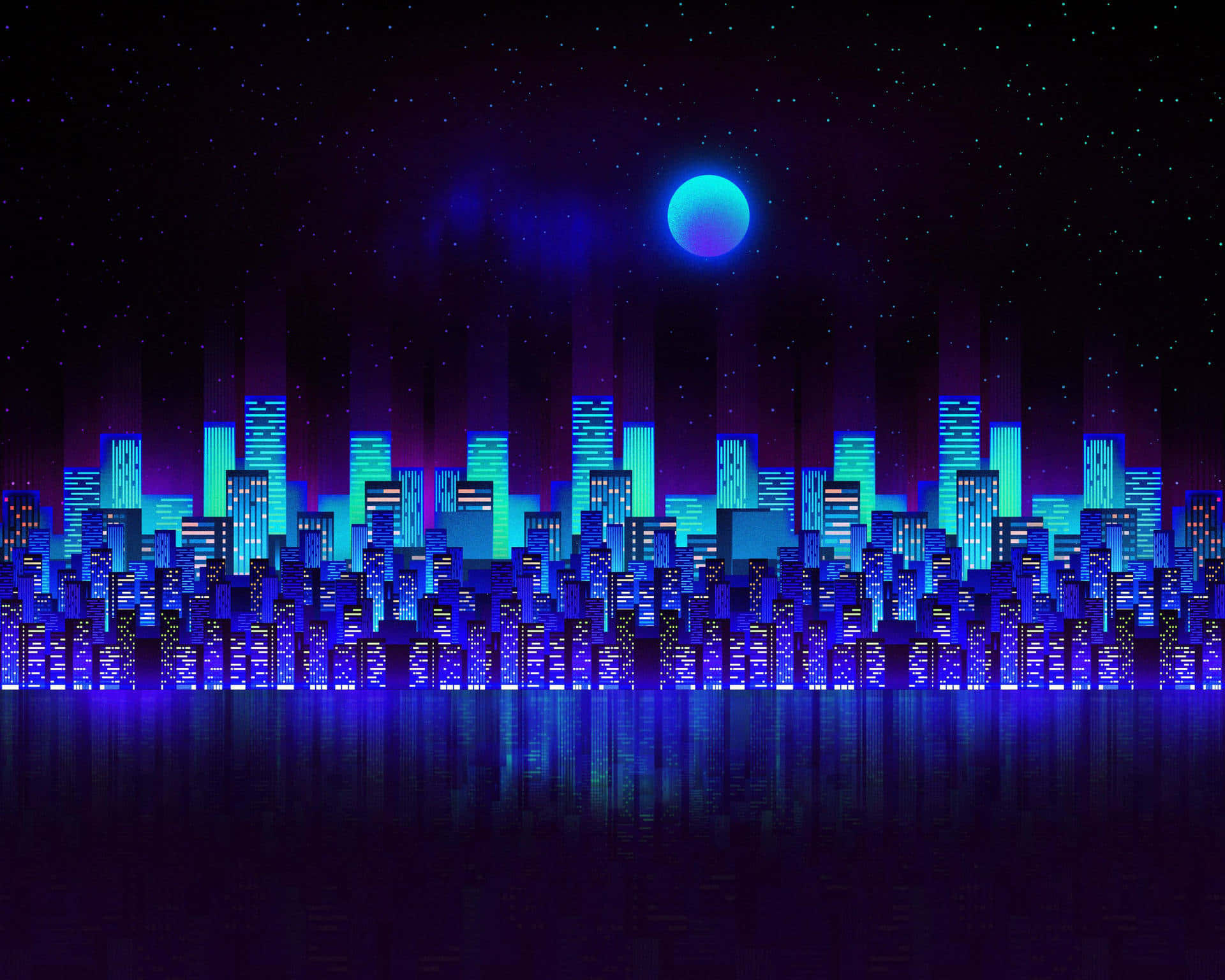 Une œuvre d'art numérique d'une ligne d'horizon urbaine brillant de lumières néon bleues avec un reflet sur l'eau sous un ciel nocturne étoilé et une grande lune bleue. — Esthétique Bleue Néon Fonds d'écran