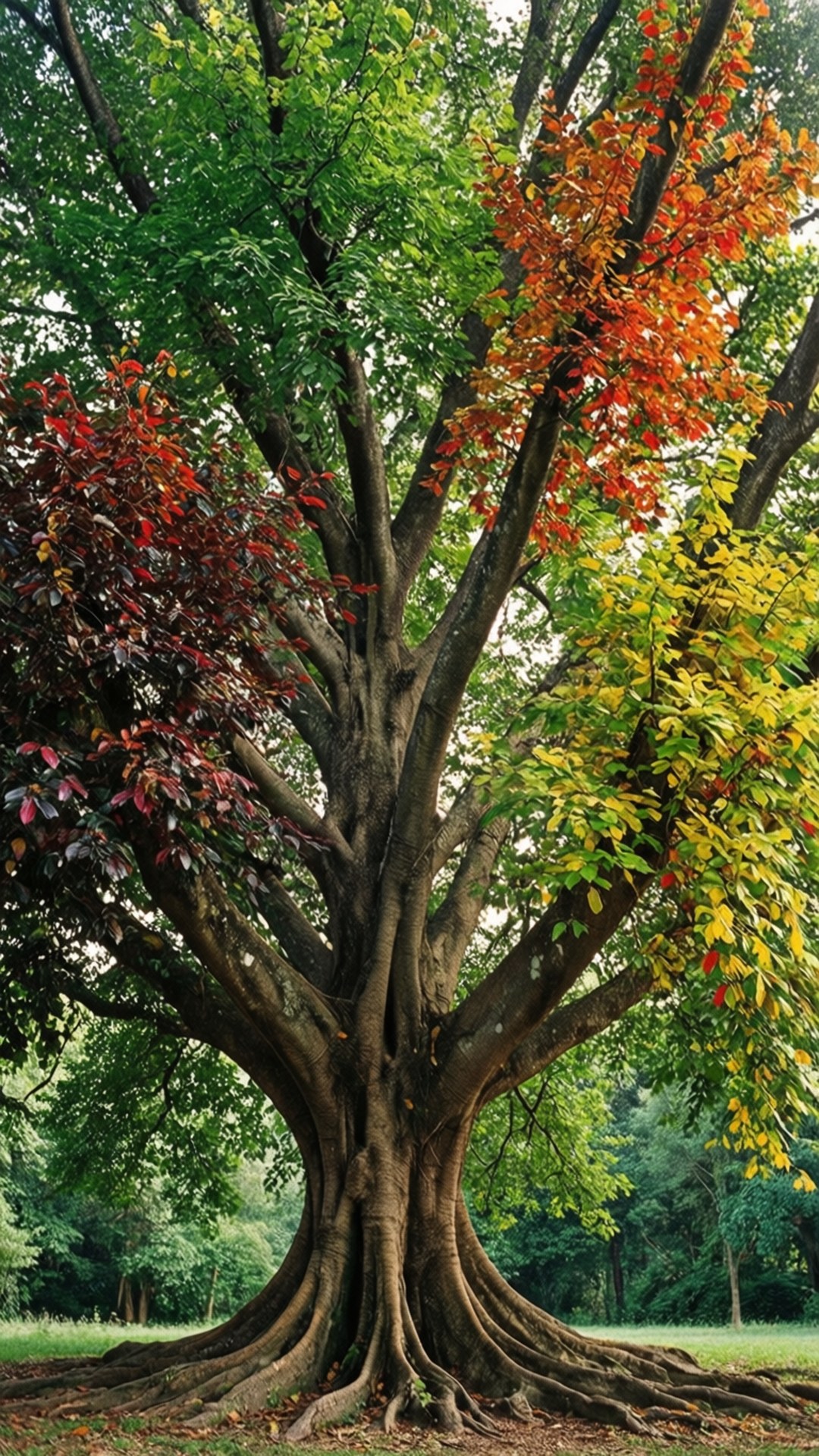 Un árbol con raíces igualmente ramificadas y hojas coloridas que simbolizan la diversidad equilibrada. — Igualitario Imagen Fondos de pantalla