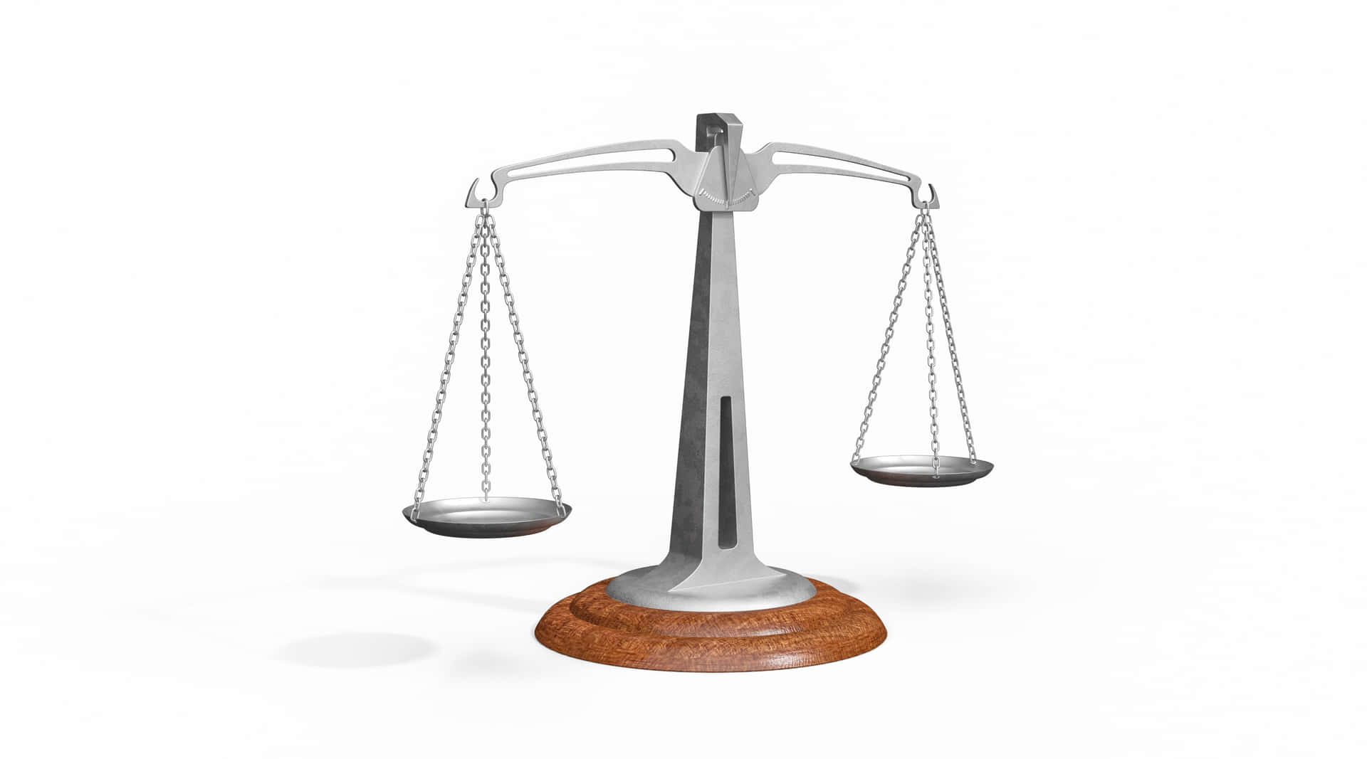 Balanza metálica de la justicia con platillos vacíos sobre base de madera contra fondo blanco — Igualitario Imagen Fondos de pantalla