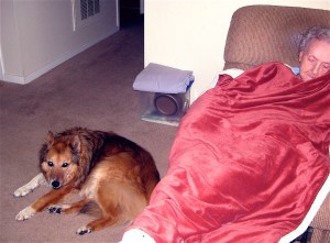 At my mom's recent 97th birthday, when things got too hectic, Mom closed her eyes, and Maggie when over to rest next to her.