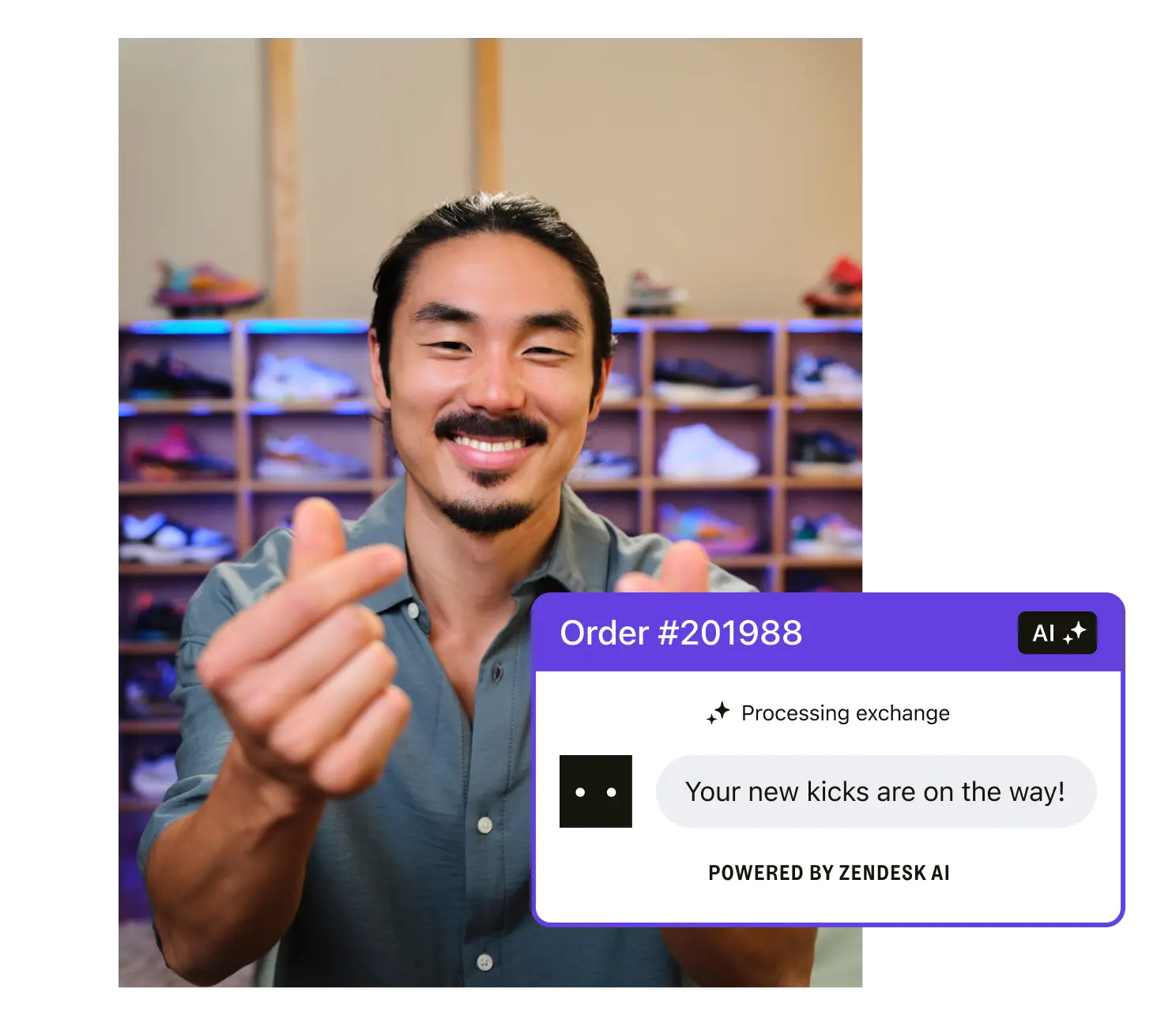 A man smiles and makes heart shapes with his fingers. Behind him is a large cabinet filled with colorful sneakers. A screenshot placed on top of the image shows a customer service interaction where an AI-powered bot is automatically processing a sneaker return.