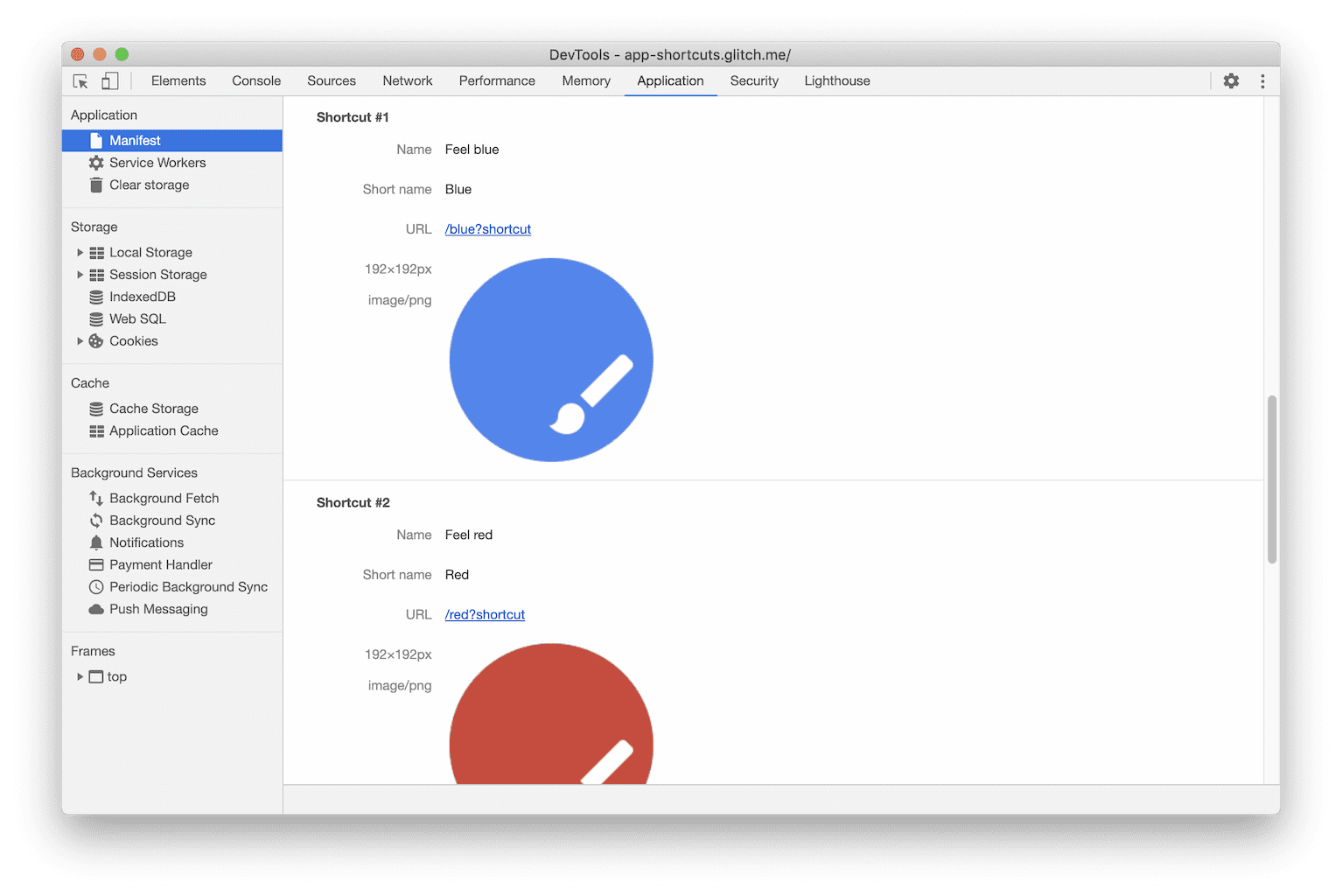 Captura de pantalla de los accesos directos a las aplicaciones en DevTools