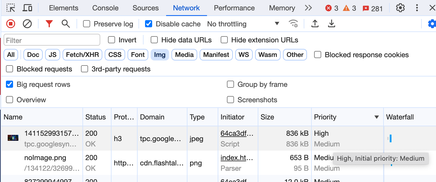 برگه شبکه DevTools کروم. تنظیم «ردیفهای درخواست بزرگ» علامت زده میشود و ستون اولویت اولین تصویر را با اولویت High و اولویت اولیه متفاوتی از رسانه در زیر نشان میدهد. همین مورد در راهنمای ابزار نشان داده شده است.