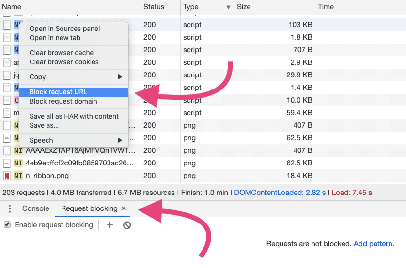 Screenshot menu konteks di panel Performa Chrome DevTools. Opsi 'Block request URL' ditandai.