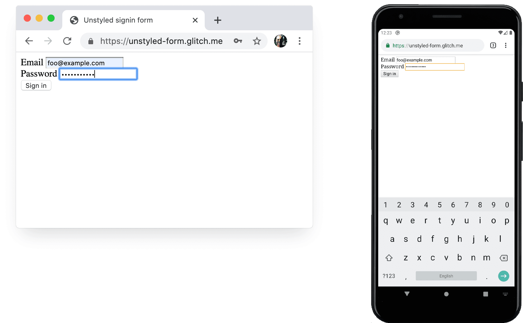 Captura de tela do formulário sem estilo no Chrome no computador e no Android.