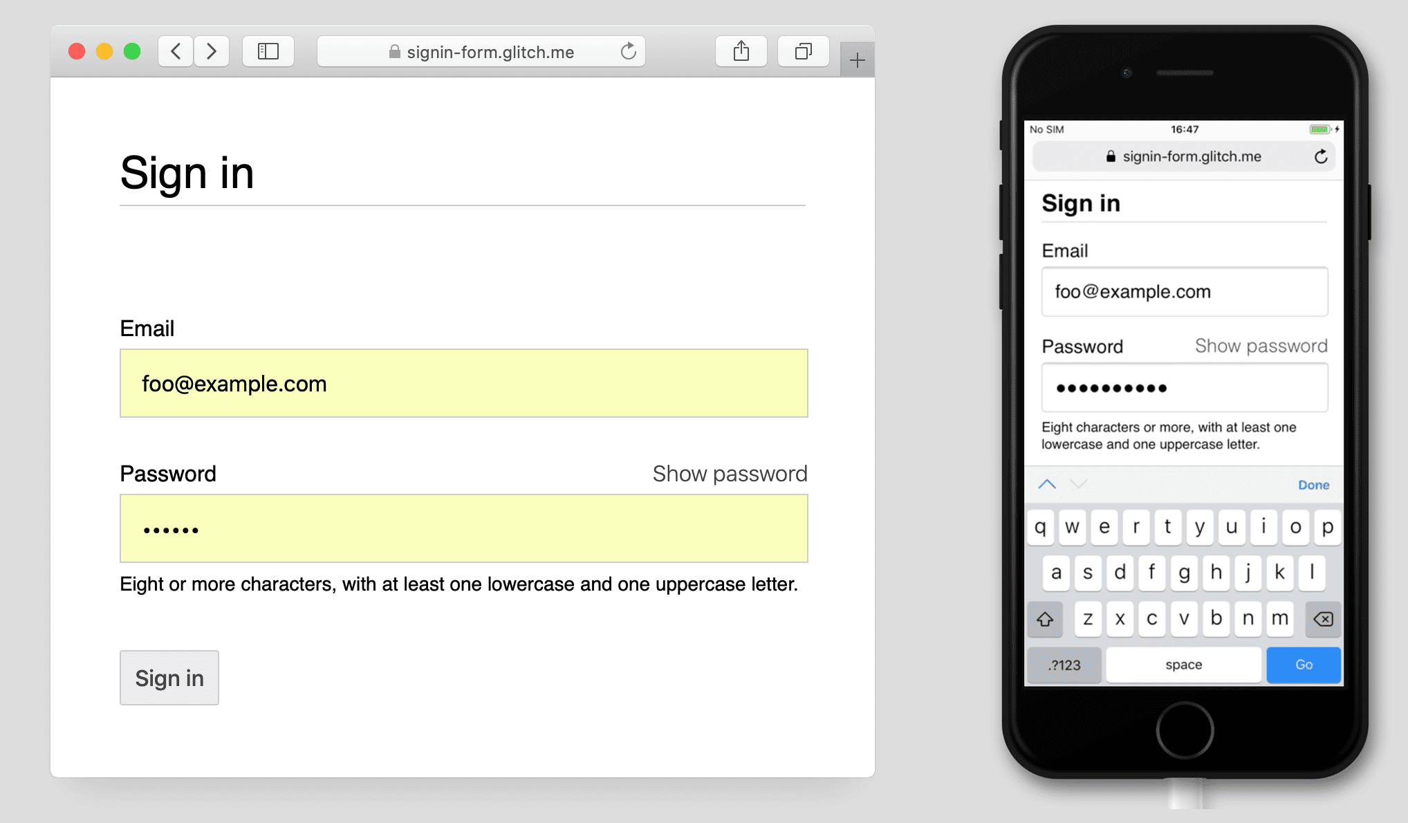 Capturas de tela do formulário de login com o texto &quot;Mostrar senha&quot; no Safari no Mac e no iPhone 7.