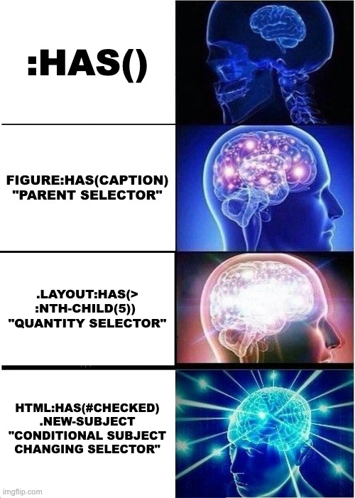 Wyświetlane są 4 panele, z których każdy zawiera obraz i tytuł.
Każde z nich przedstawia mózg, który aktywuje coraz więcej komórek. Pierwszy panel to says :has(). Drugi panel to figure:has(caption) jako selektor nadrzędny.
Trzeci panel zawiera selektor ilości .layout:has(> :nth-child(5)).
Czwarty panel zawiera regułę html:has(#checked) .new-subject jako selektora do zmiany tematu.
