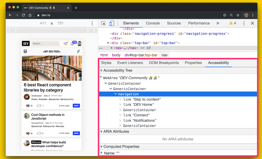 Скриншот древовидной структуры специальных возможностей в Chrome DevTools.
