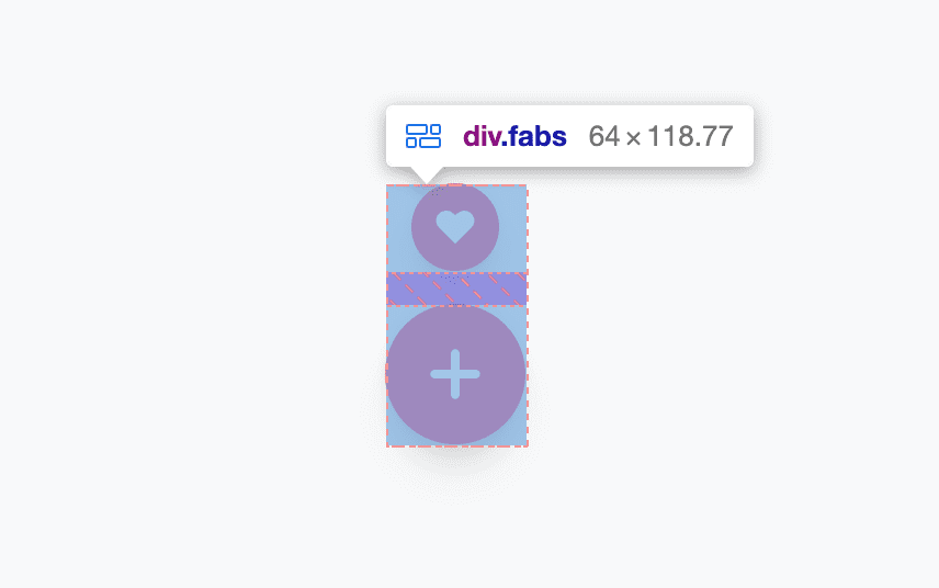 Hai nút fab xuất hiện với DevTools phủ lên bố cục lưới của chúng. Cho thấy khoảng cách giữa các đường kẻ bằng một mẫu kẻ sọc, đồng thời cho thấy chiều cao và chiều rộng được tính toán của các đường kẻ đó.