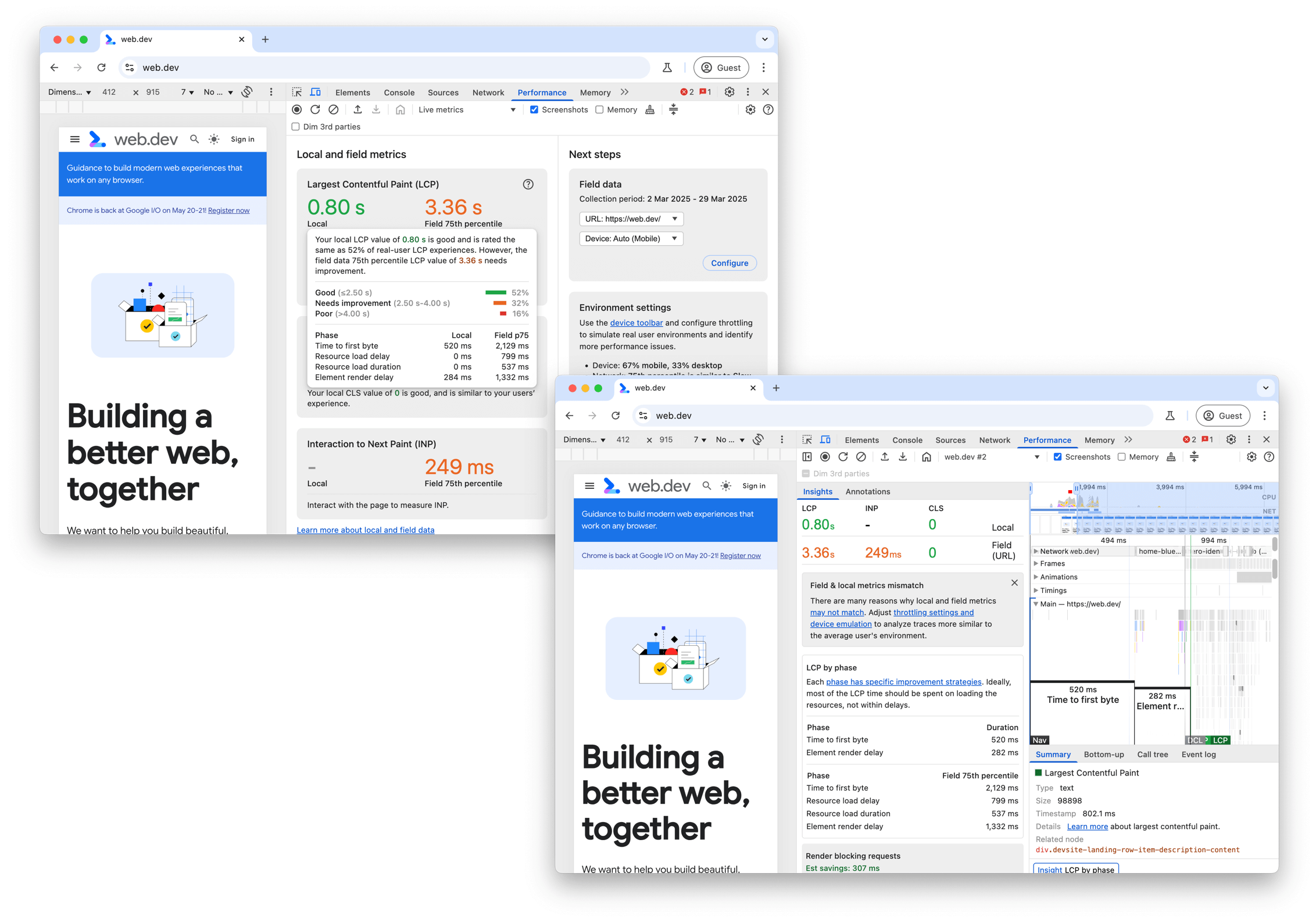 LCP locale e sul campo nel riquadro Prestazioni di Chrome DevTools