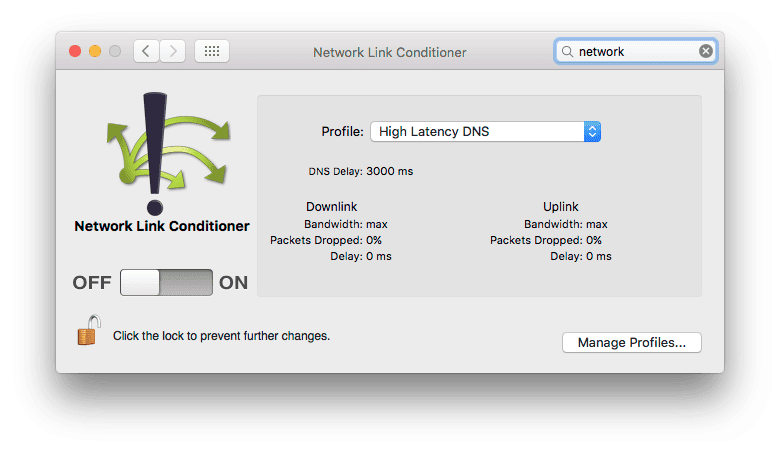 Ustawienia Network Link Conditioner w systemie Mac