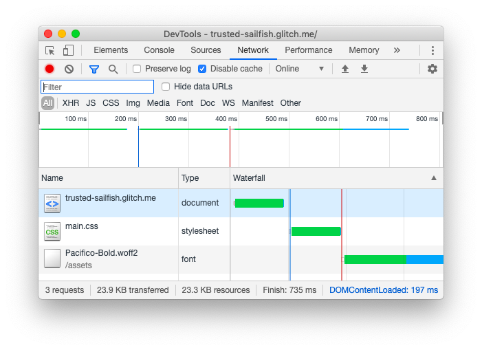 Chrome DevTools 네트워크 패널의 스크린샷