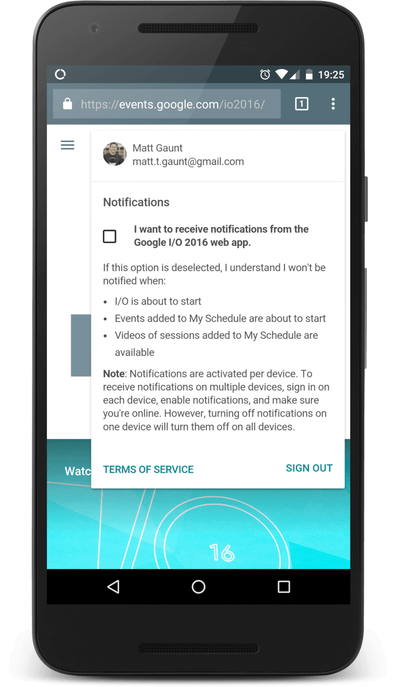 Panneau des paramètres de l&#39;application Web Google IO pour les messages push.