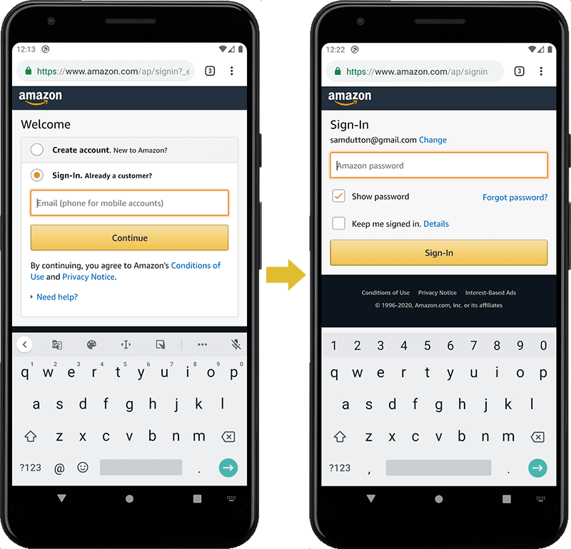 Amazon की वेबसाइट पर साइन-इन फ़ॉर्म: ईमेल/फ़ोन और पासवर्ड दो अलग-अलग &#39;पेजों&#39; पर मौजूद हैं.