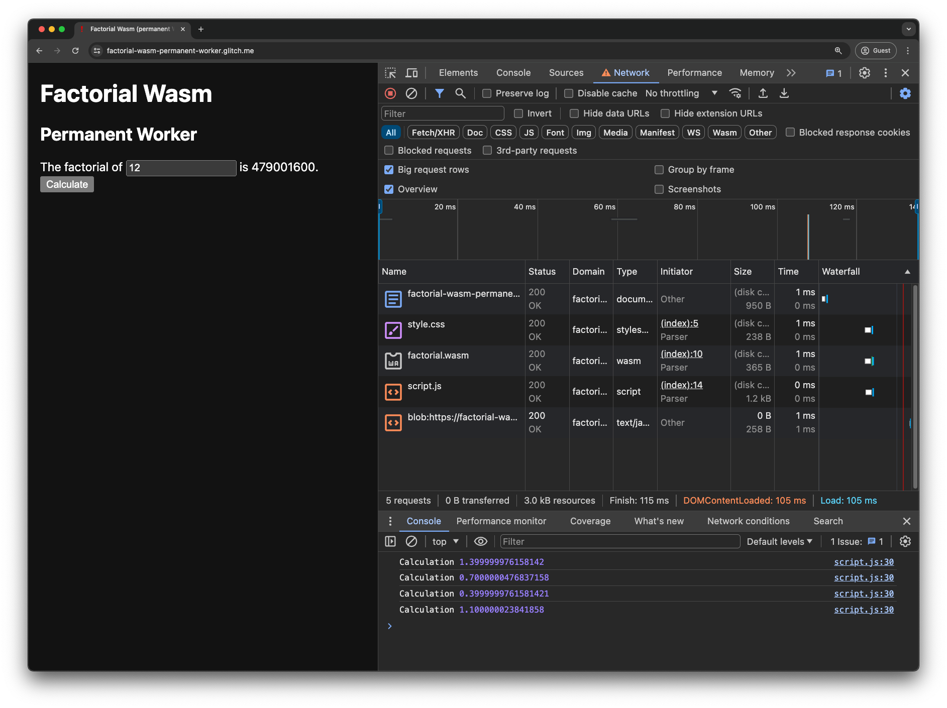 تطبيق تجريبي لحساب مضروب العدد باستخدام WebAssembly مع عامل دائم &quot;أدوات مطوّري البرامج في Chrome&quot; مفتوحة. هناك طلب واحد فقط لعنوان URL الخاص بالكائن الثنائي الكبير في علامة التبويب &quot;الشبكة&quot;، وتعرض &quot;وحدة التحكّم&quot; أربعة توقيتات للحساب.