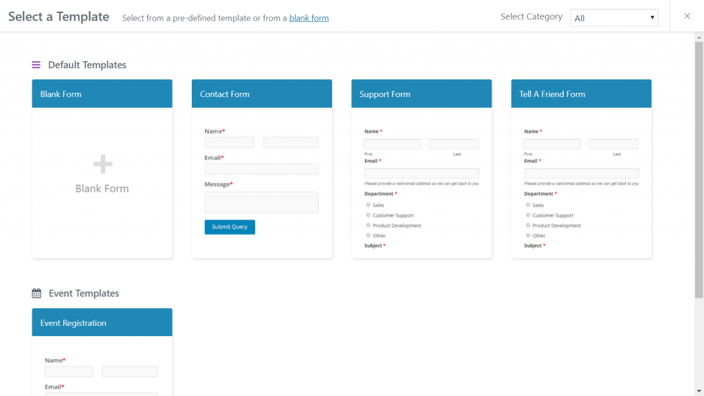 WordPress form template selection screen on weForms