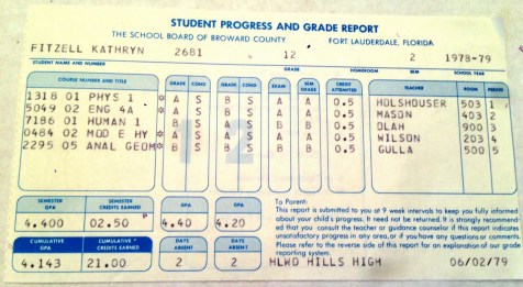 Isn’t all math anal? Oh, wait…that was Analytical Geometry! While I’ve never used the math I learned in that class, I do remember Mr. Gulla making it fun by dancing around and singing, “Sine sine cosine sine” and “Cosine cosine sine sine.” He also answered complainers with a pithy, “Do you see me wearing a “life is fair” button?” Now, those lessons I have often used. This report card also includes my beloved Modern European History class with Mr. Wilson for which I won the annual award. Now, that was an award I worked for and remember.