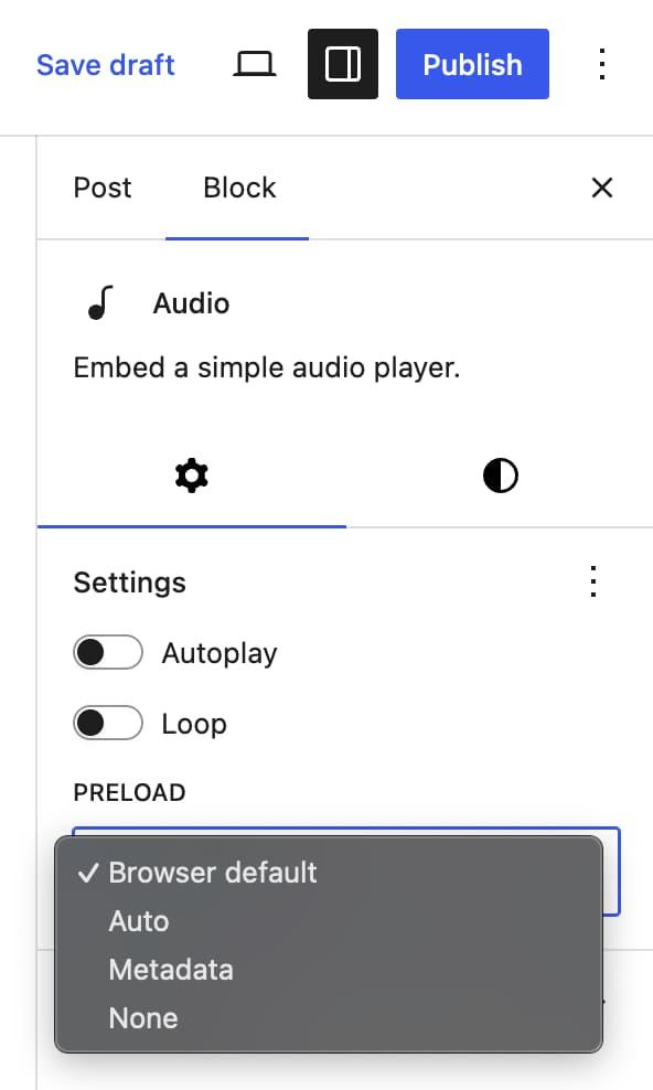 The audio settings for the audio block are in the block settings sidebar.