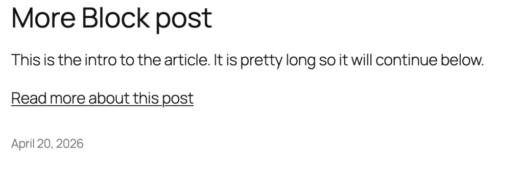 Screenshot of a blog post that uses a more block inside a list of articles.
