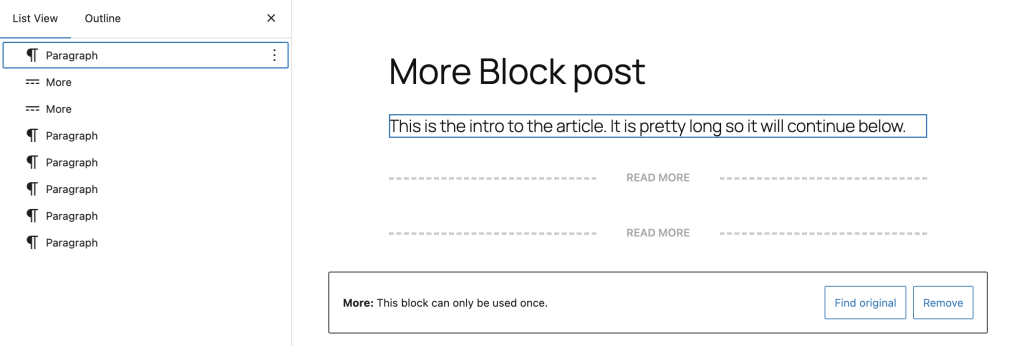 Editor error message that reads "More: This block can only be used once" with Find original and Remove buttons