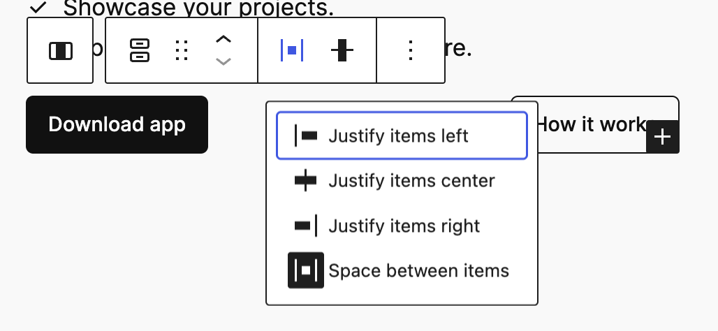 Justification set to Space between in the Buttons block toolbar