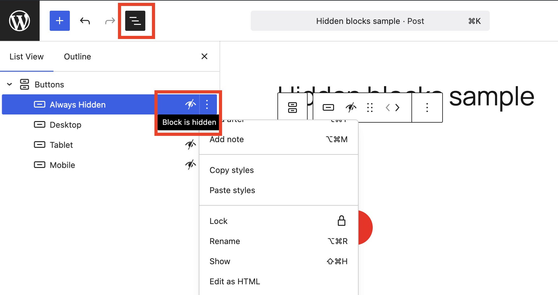 List view includes hidden blocks