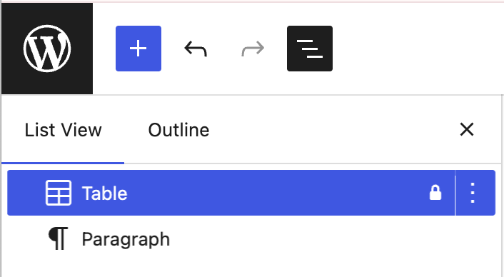 Lock icon next to the Table block in List View