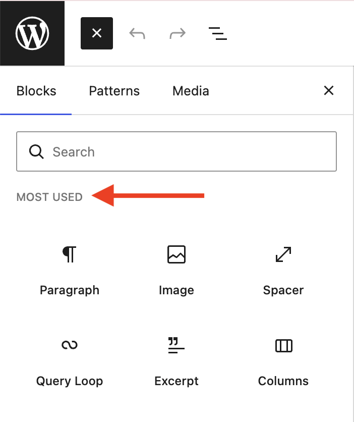 List of most used blocks in the block inserter panel