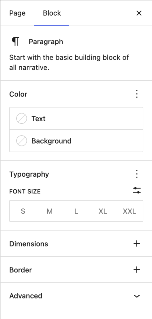 Paragraph block settings
