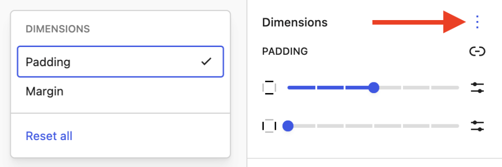 Dimensions options overlay showing Padding controls enabled