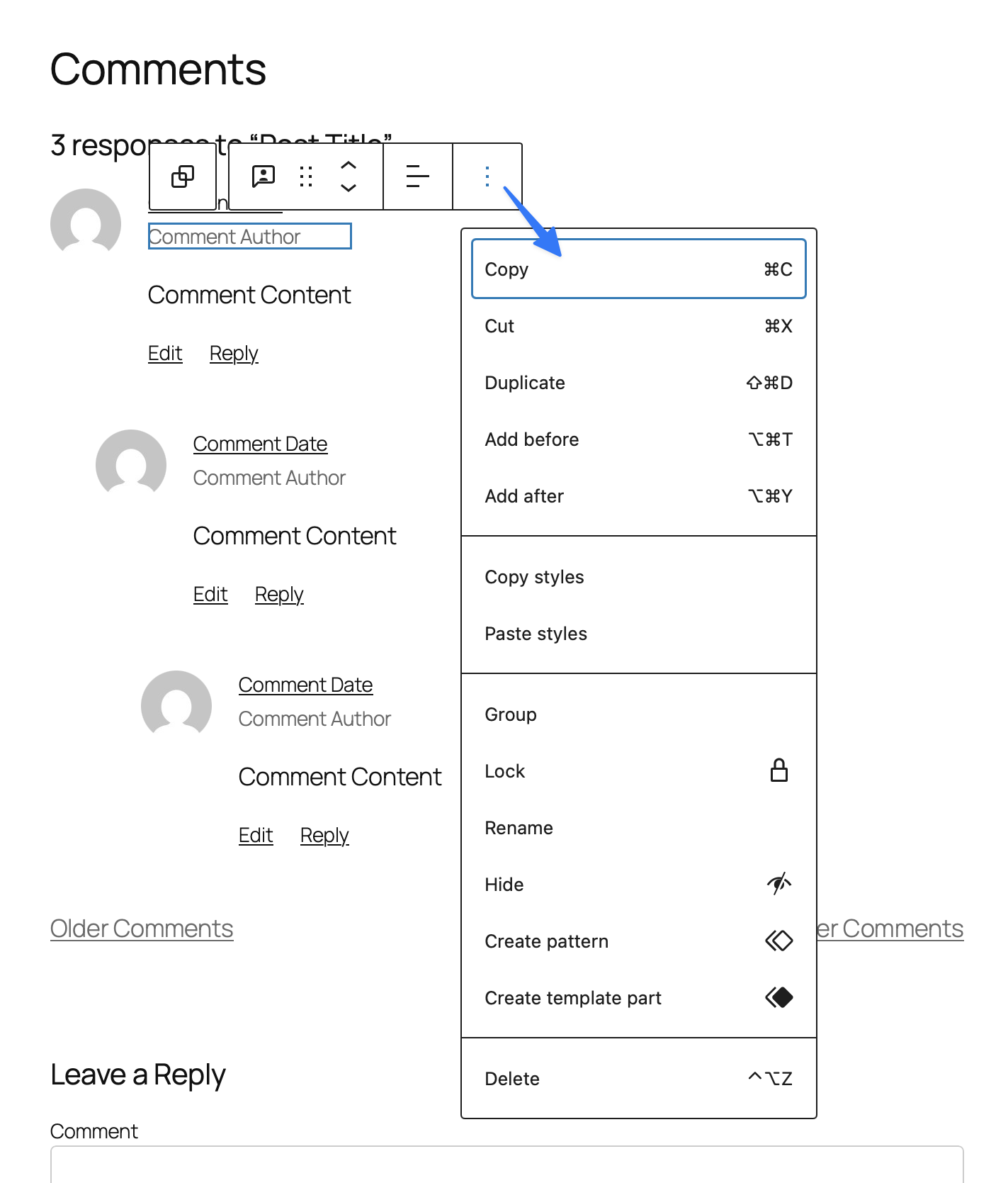 The Comment Author name block is selected, with ‘More Options’ in the toolbar highlighted.