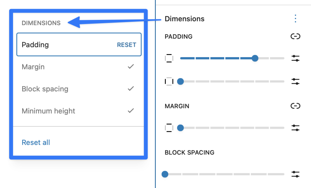 The Comment Author name block’s settings, with ‘Dimension’ highlighted.