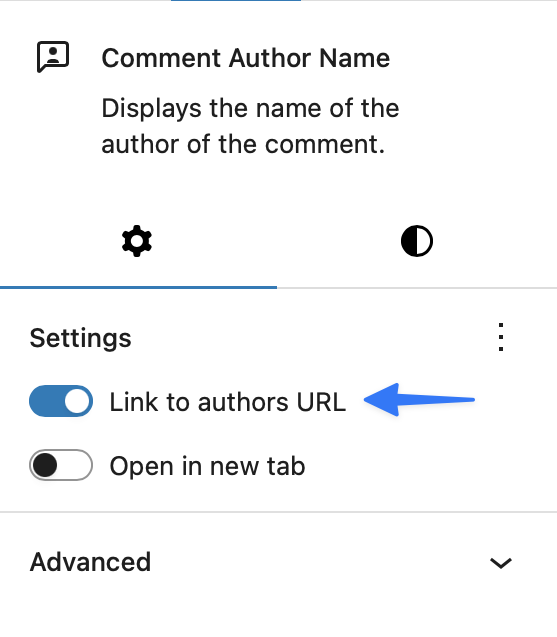 The Comment Author name block’s settings, with ‘Link to authors URL’ highlighted.