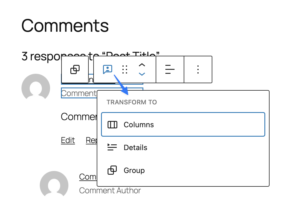 The Comment Author name block is selected, with the ‘Transform To’ tool highlighted.