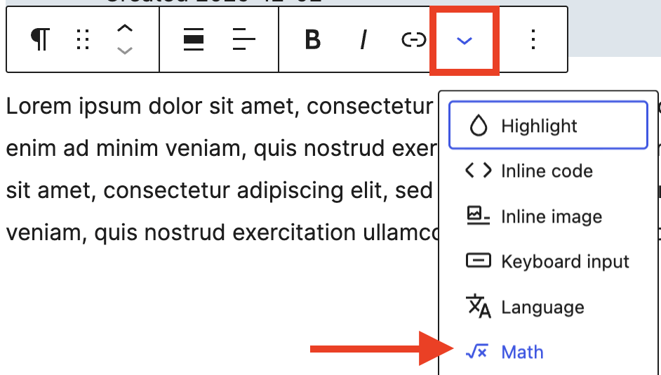 Math selected in the dropdown under the More options in the toolbar