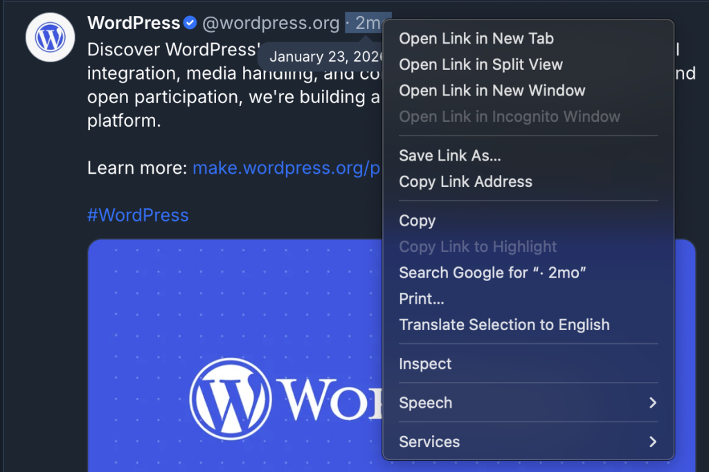Right click navigation of a date/time in Bluesky showing Copy Link Address option