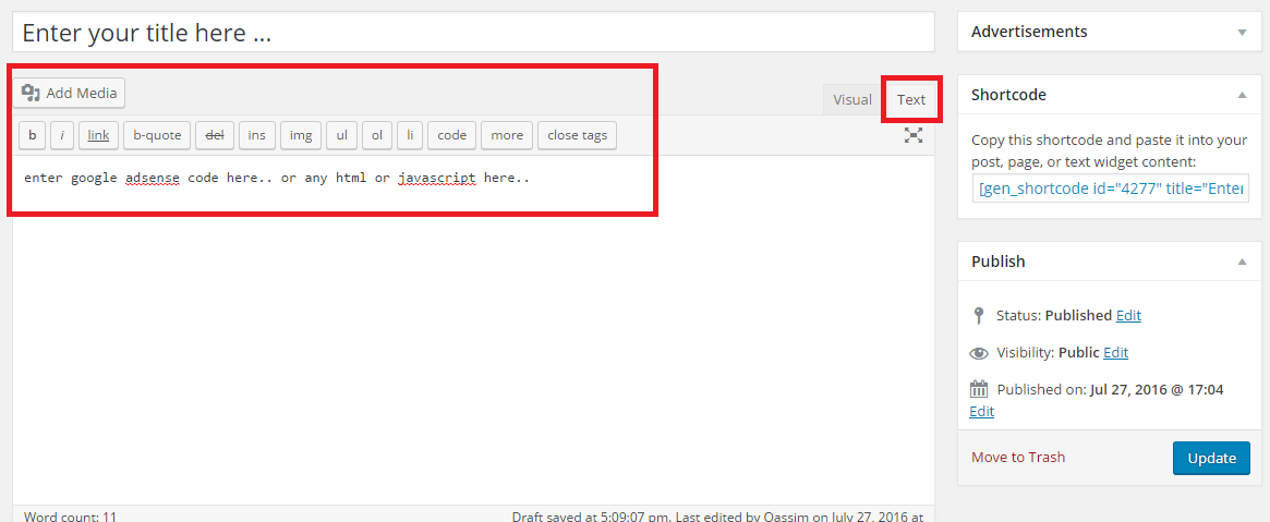 generate shortcode adsense