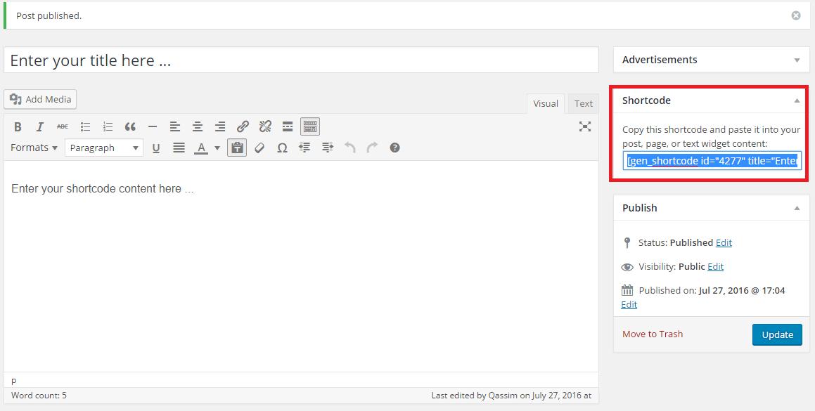 generate shortcode publish