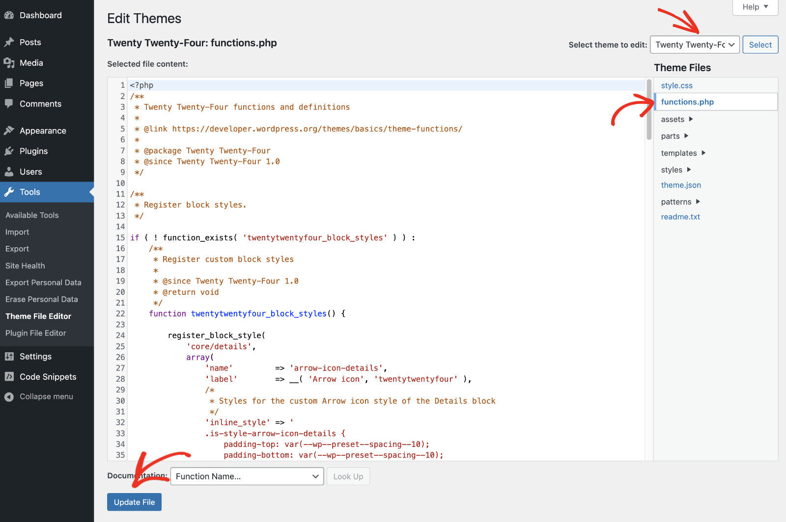 How To Add Code To The Functions.php File: Add Code From Dashboard Step 2