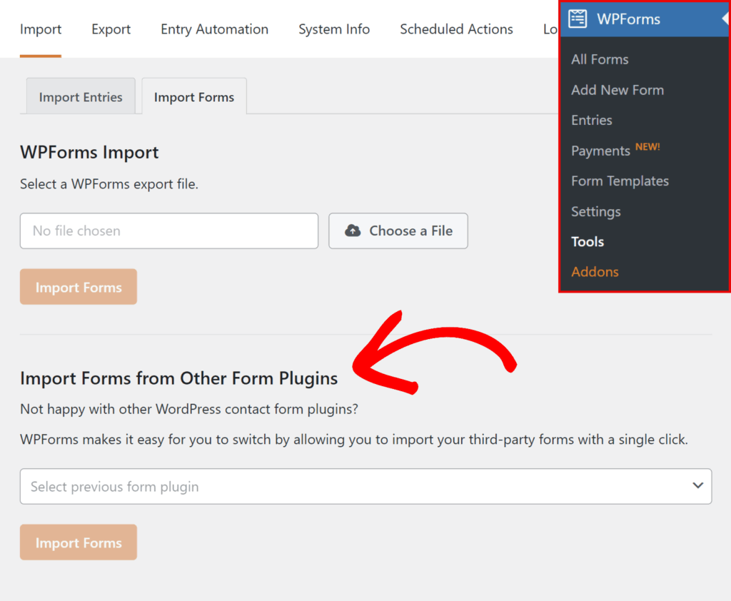 WPForms Import page with tabs, file picker, and an orange Import Forms button