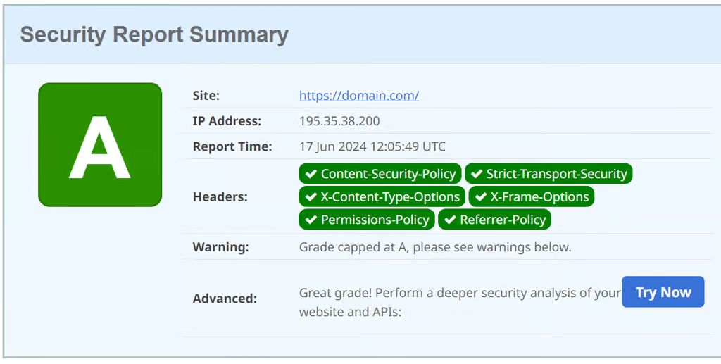 SecurityHeaders.com scan result showing security header grades