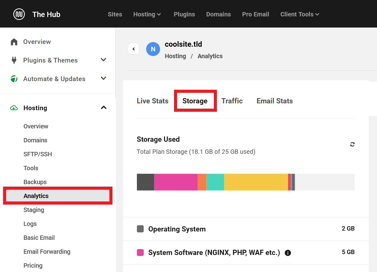 Storage info for a WPMU DEV hosted site in the Hub