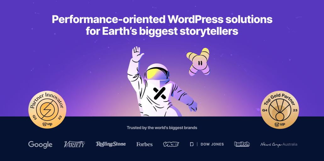 Astronaut and star mascot floating above brand logos, showcasing WordPress VIP digital publishing integration.
