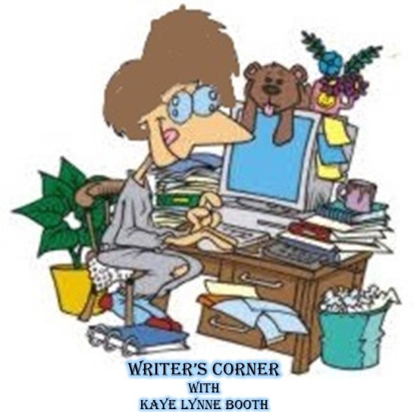 Caracature of woman typing at a computer at a very messy desk
Text: Writer's Corner with KAye Lynne Booth