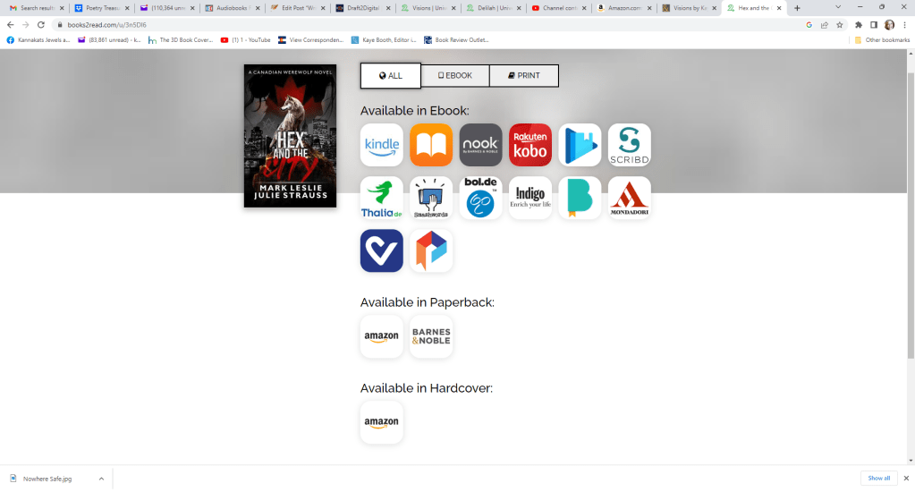 Screenshot of Books2Read landing page for Hex in the City. Available in Ebook with icons for Kindle, Apple, Nook, Kobo, Google Play, Scribd, Thalia, Smashwords, Bol.de, Indigo, Mondadori, Vivlio, and Palace Marketplace. Available in Paperback with icons for Amazon and Barnes& Noble. Available in Hardcover with icons for Amazon
