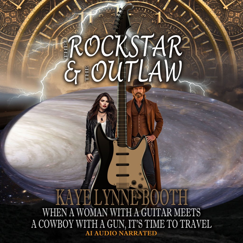 Audiobook Cover: Sundial and planet with lightning bolts in background. Black leather clad woman and man dressed as a cowboy standing behind a large guitar in foregroound.
Text: The Rockstar & The Outlaw, Kaye Lynne Booth, When a woman with a guitar meets a cowboy with a gun, it's time to travel, AI Audio Narrated